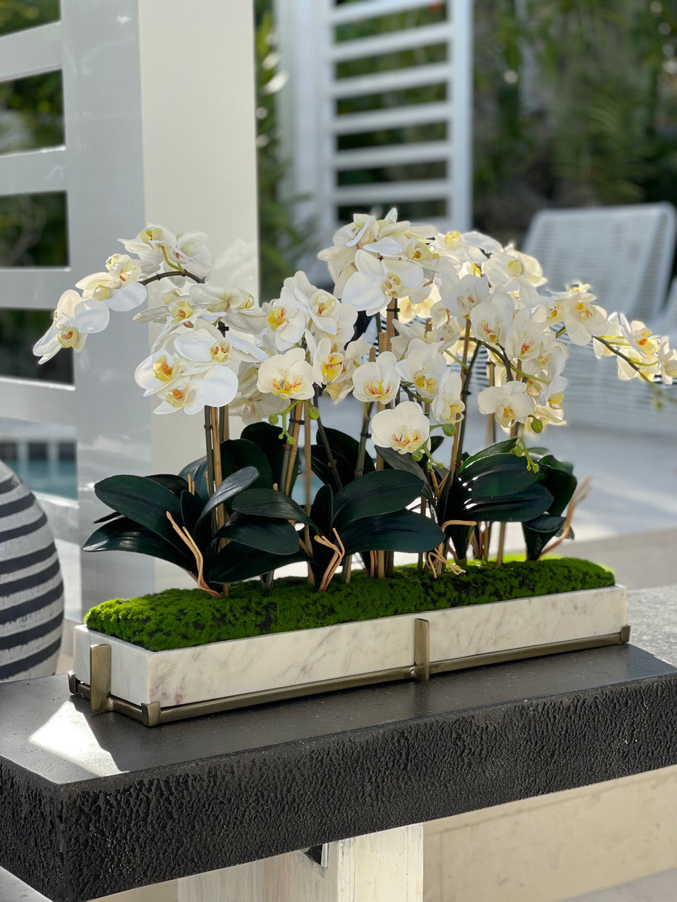 Plateau en marbre sur support métallique avec jardinet d'orchidées mini-phalaenopsis