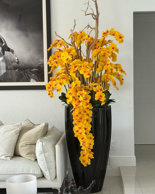 BlackFlowerpot with Cascading Yellow Orchids