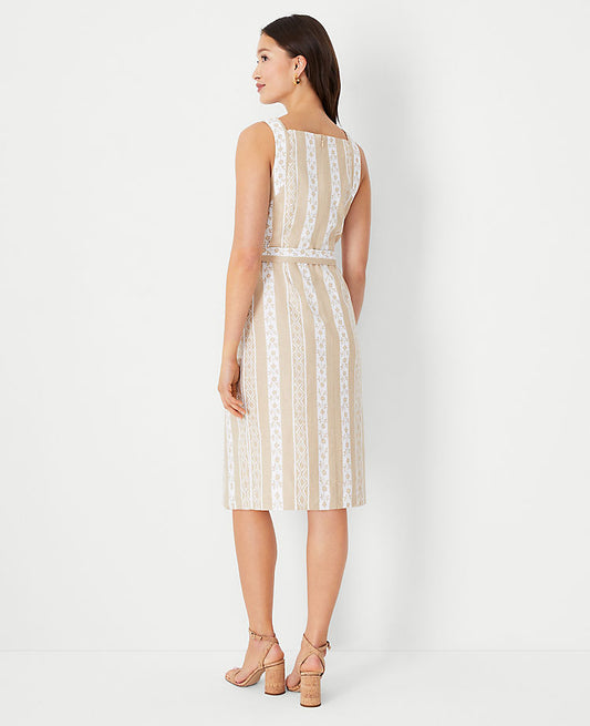 Robe dos nu rayée en mélange de lin avec poches