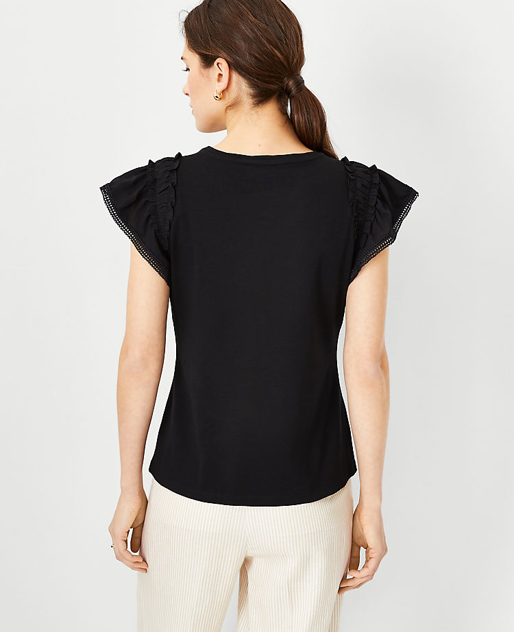 Mixed Media Ruffle Flutter Sleeve Top