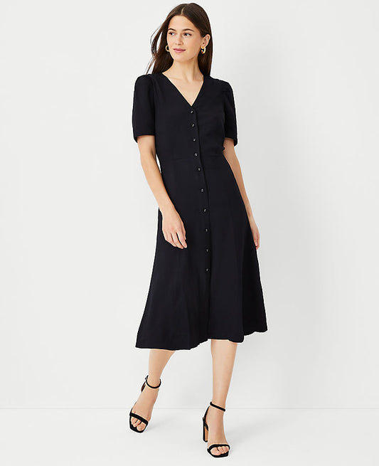 Robe midi à manches bouffantes en sergé