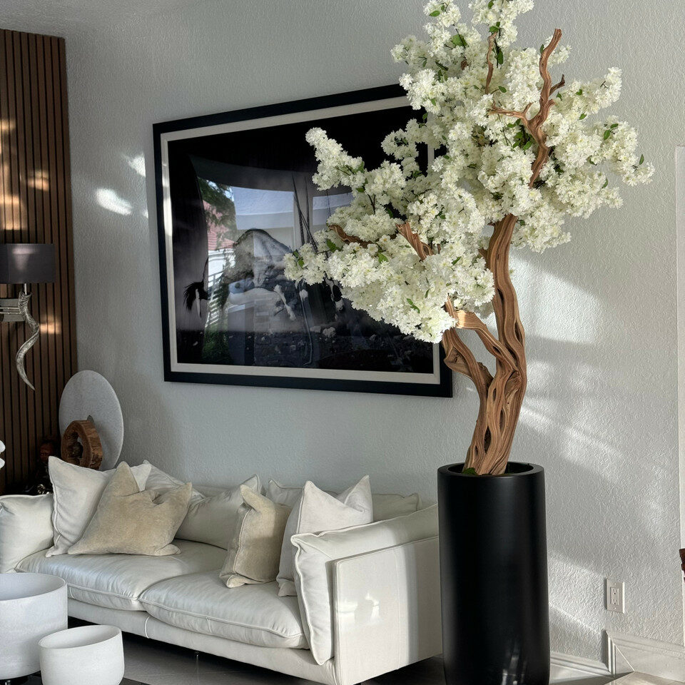 Most popular matte black st tropez planter with custom made white cherry blossom tree