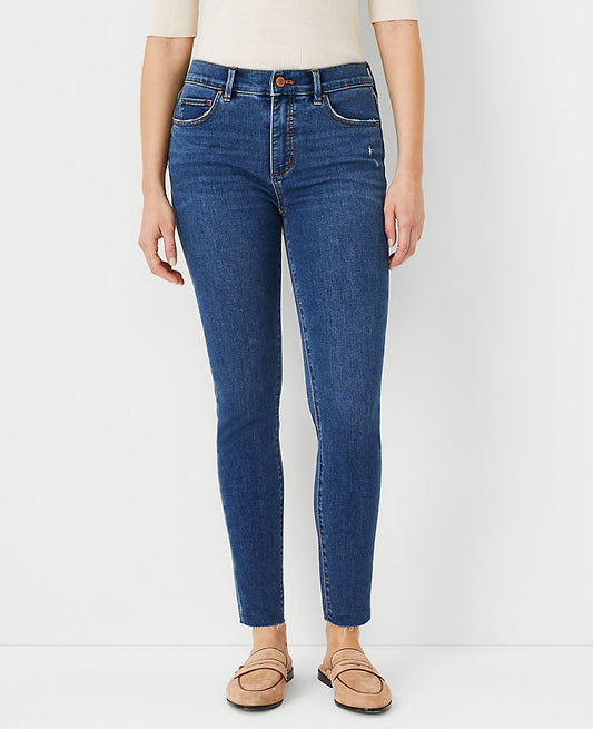 Jean Skinny Sculptant Taille Mi-Haute avec Poches Courbé Délavé Pierre Moyenne