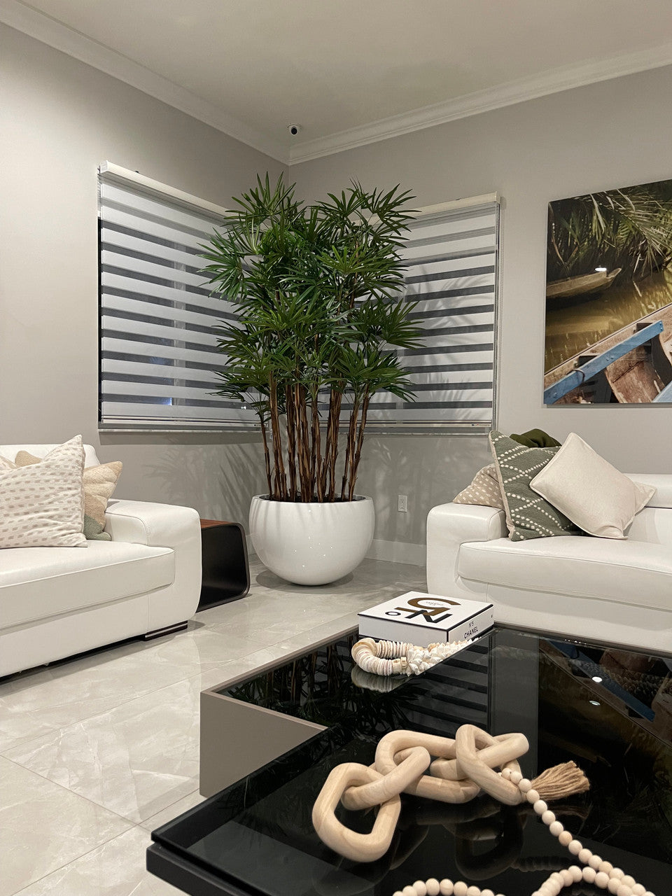 White Terragona Planter with Lady Palm