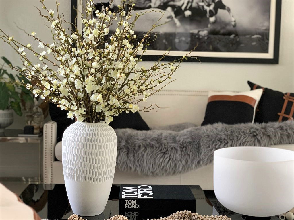White Cherry Blossoms in Pelican Vase