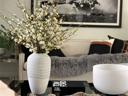 White Cherry Blossoms in Pelican Vase