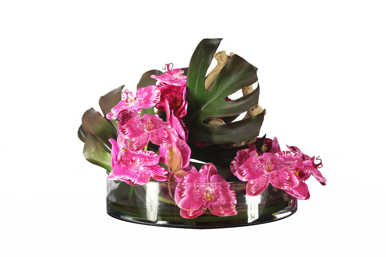 Bol Heritage de 40,6 cm avec feuille de Monstera et orchidées fuchsia