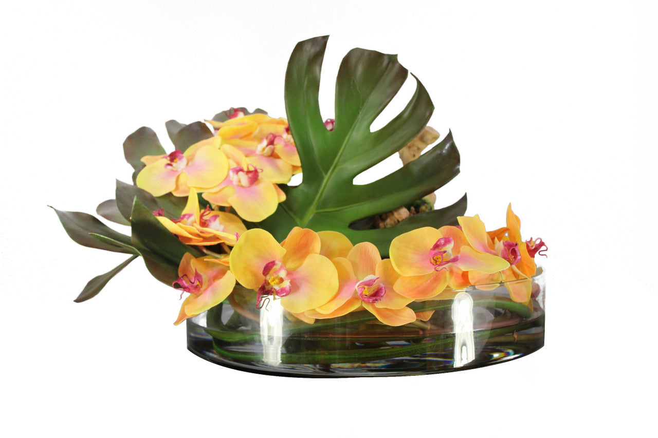 Bol Heritage 16″ avec feuille de Monstera et orchidées mangue