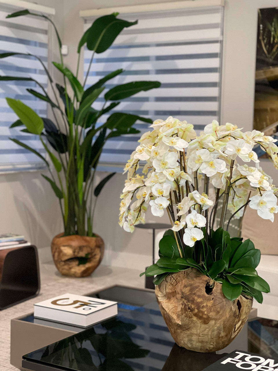 Grand bol rustique en teck avec orchidées blanches en cascade