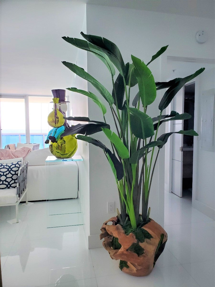 Large Teak Vessel  with Large Bird of Paradise