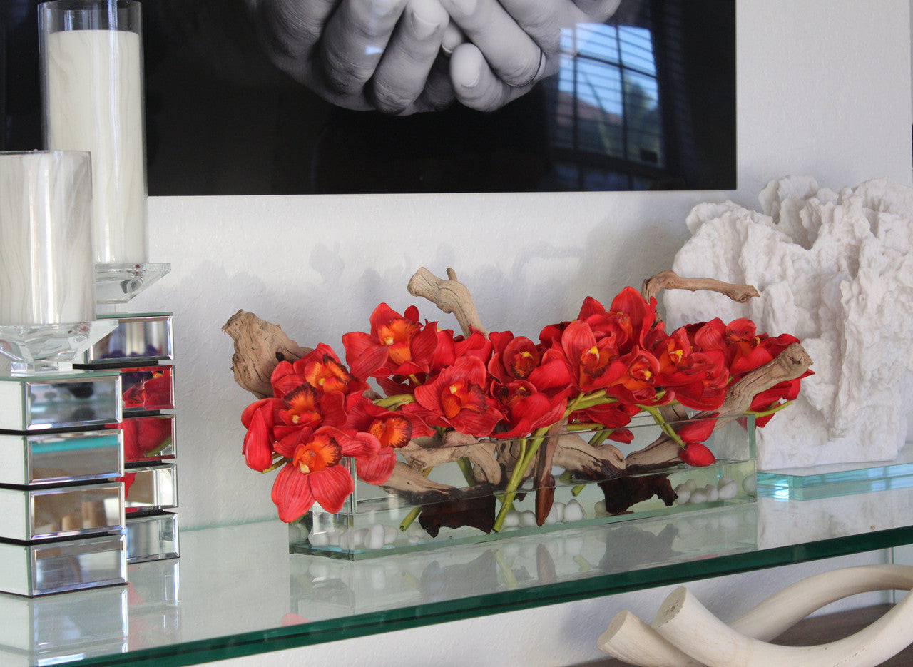 Jardinière moderne en verre « Casa » de 60 cm avec orchidées Cymbidium rouges