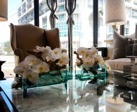 Planteur en verre Casa Moderna 12″ avec orchidées blanches