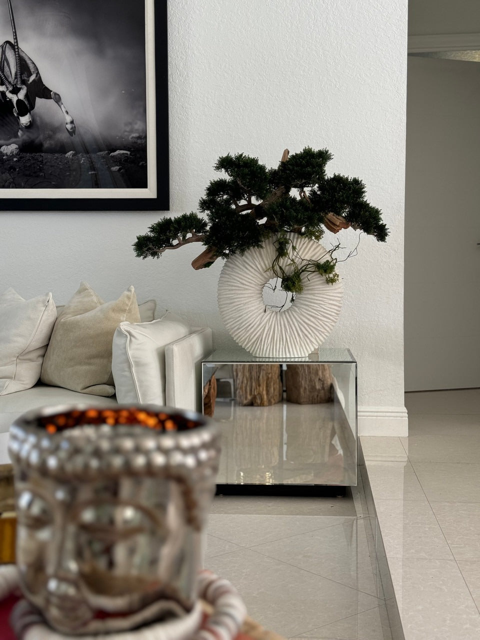 Large Eternity Vase with Trailing Bonsai Tree and Driftwood