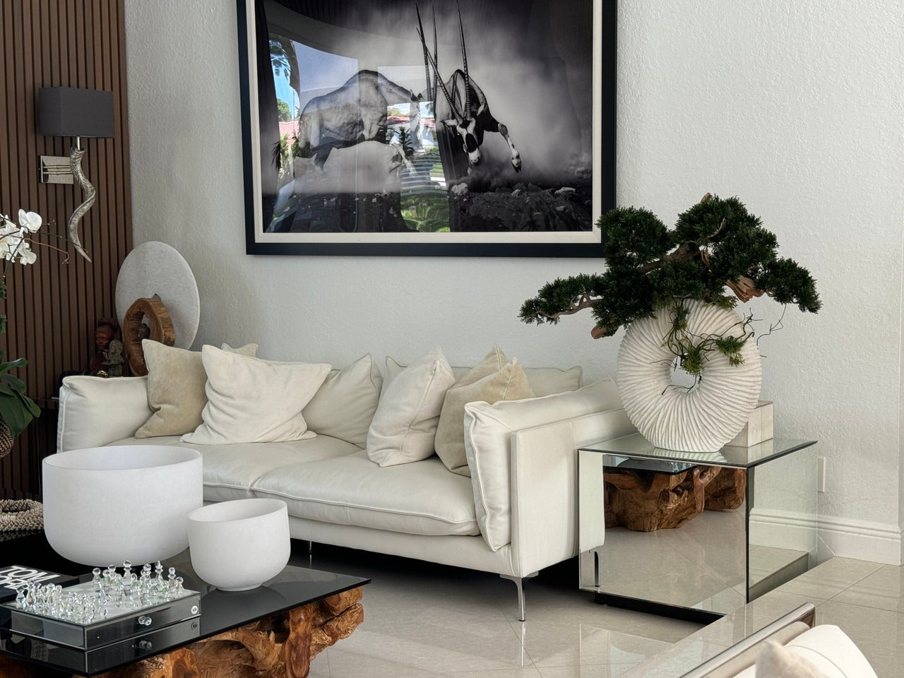 Large Eternity Vase with Trailing Bonsai Tree and Driftwood
