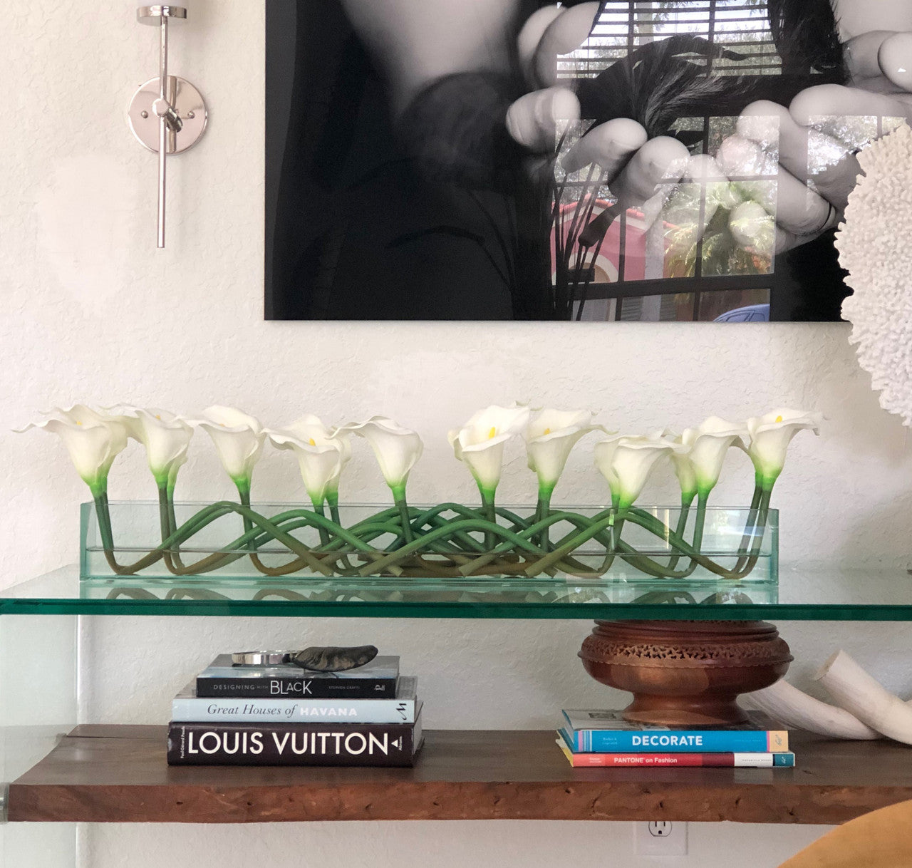 36″ Casa Moderna glass plate planter with white callas