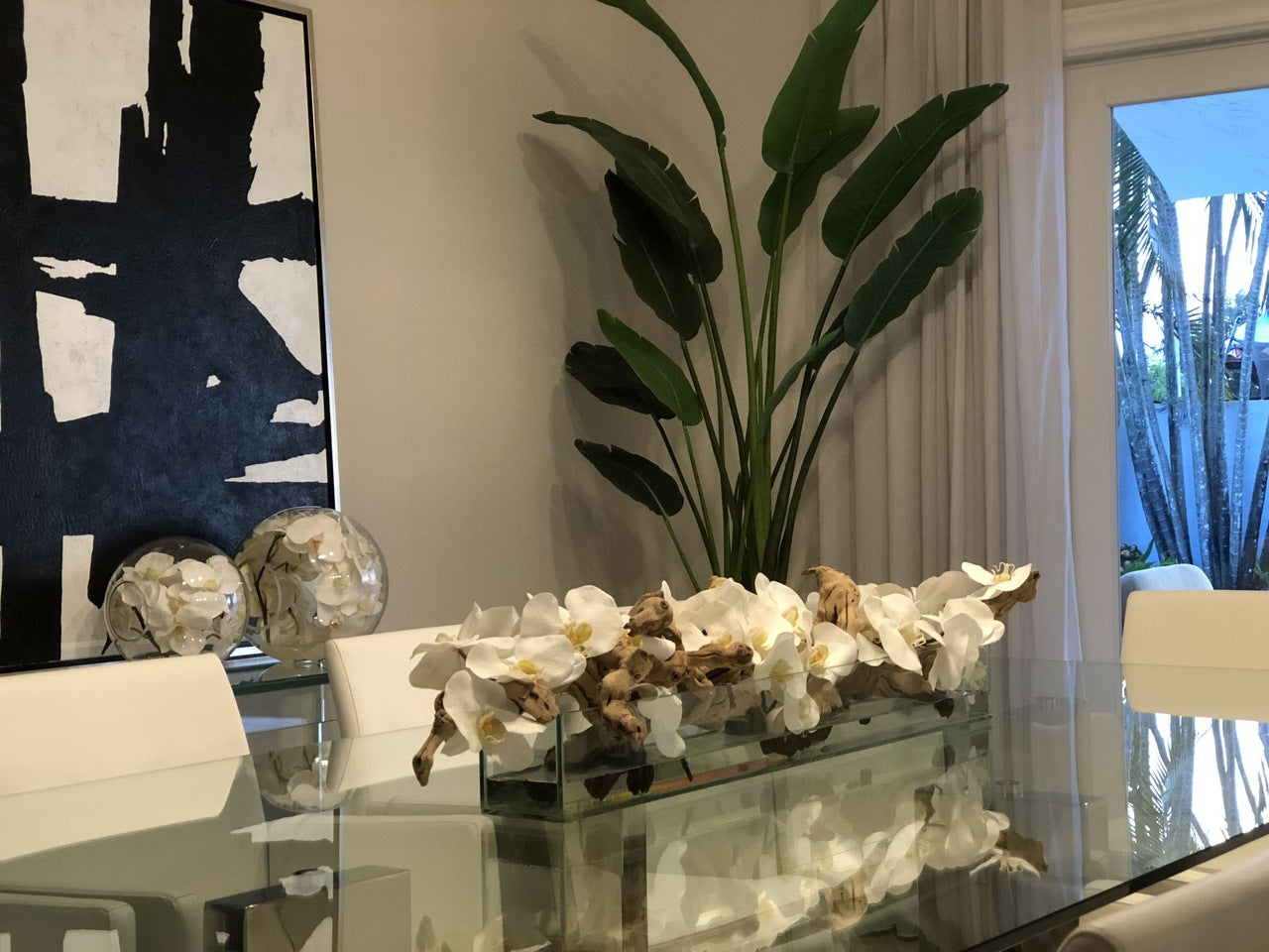 36″ Casa Moderna Glass Plate Planter with white Phalaenopsis orchids