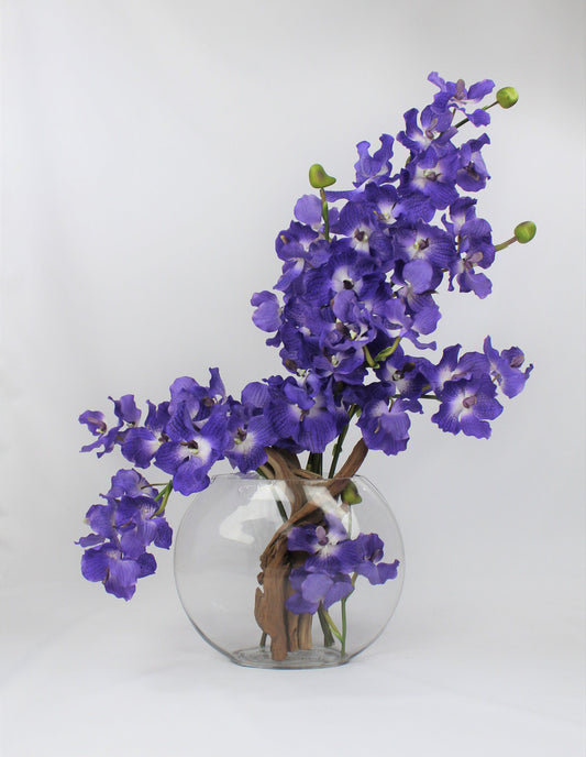 Vase Lune 12″ avec orchidées Vanda violettes