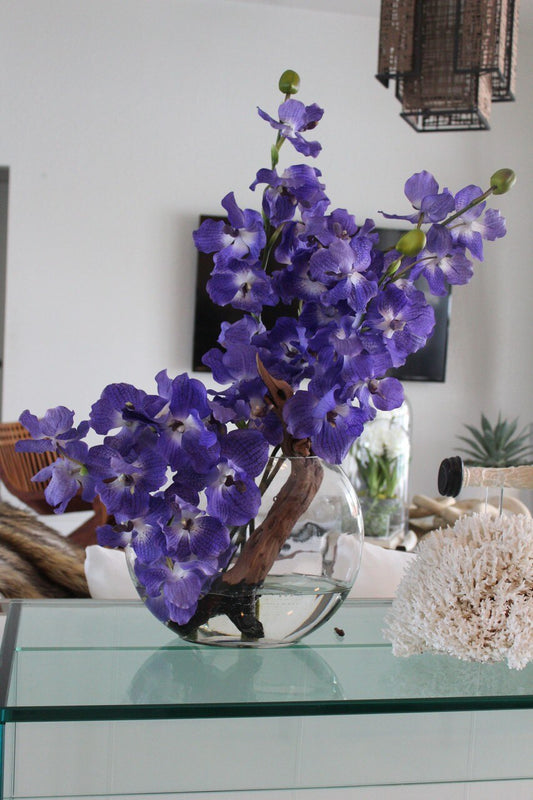 Vase Lune 12″ avec orchidées Vanda violettes