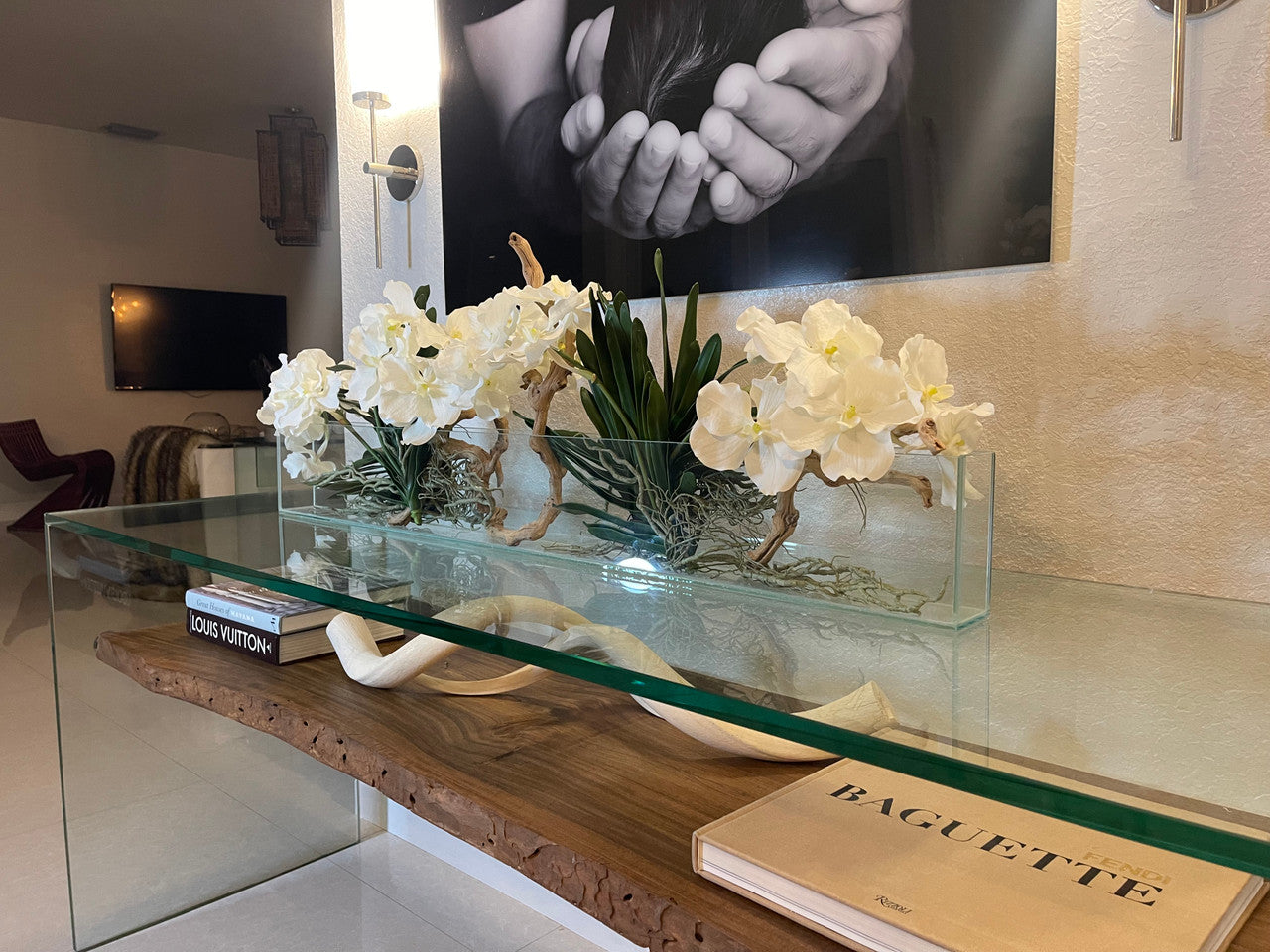 48″ Slim Casa Moderna with White Vanda Orchids.