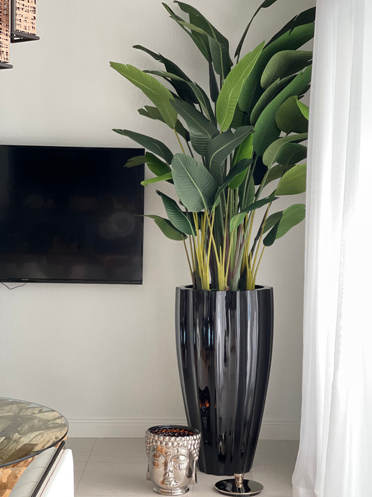 San Jose Fluted Planter in Glossy Black with Birds of Paradise