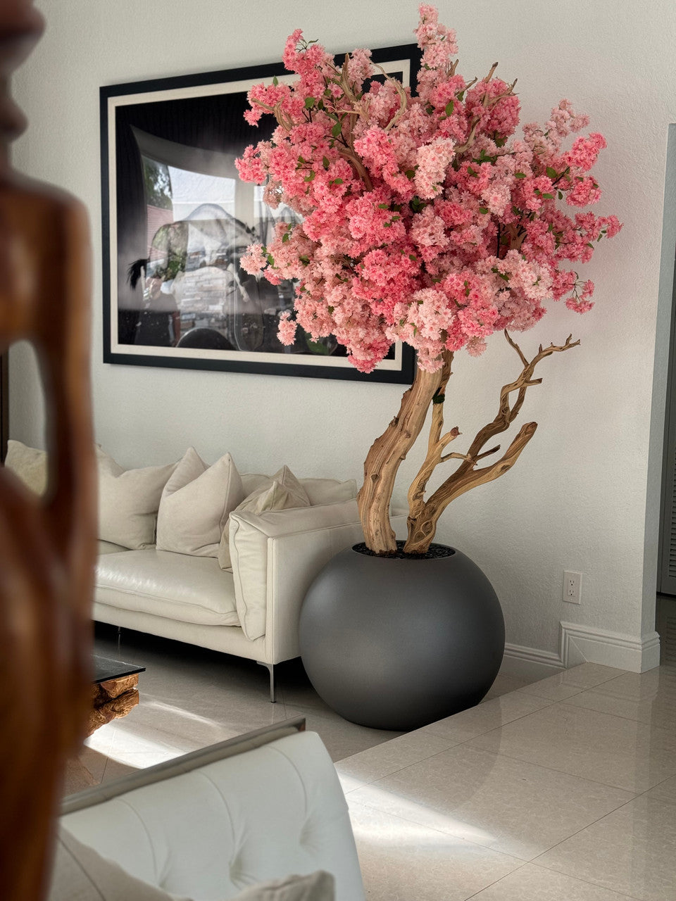 Matte Gun Metal Globe with  Custom Made Two Tone Made Cherry Blossom Tree
