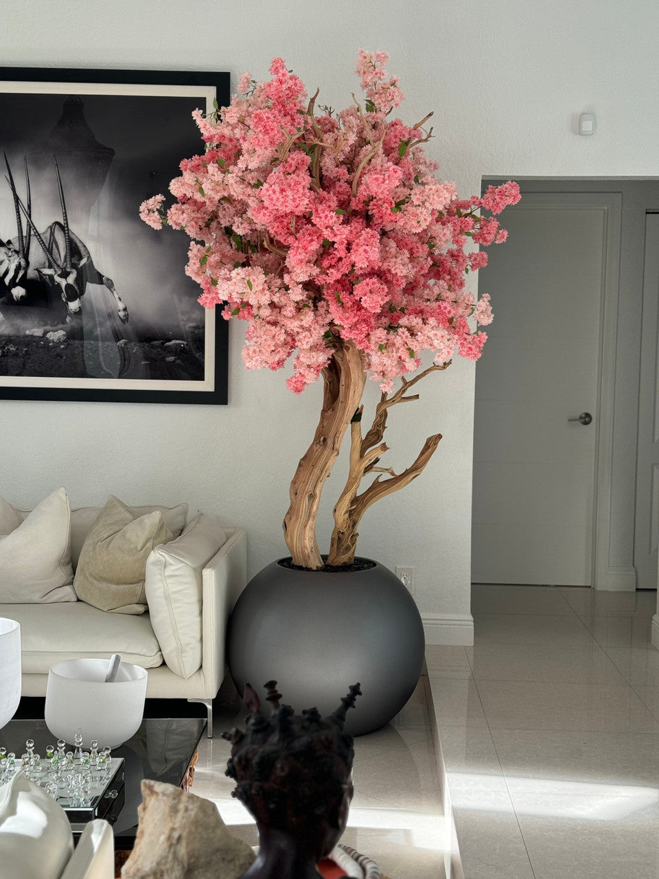 Matte Gun Metal Globe with  Custom Made Two Tone Made Cherry Blossom Tree