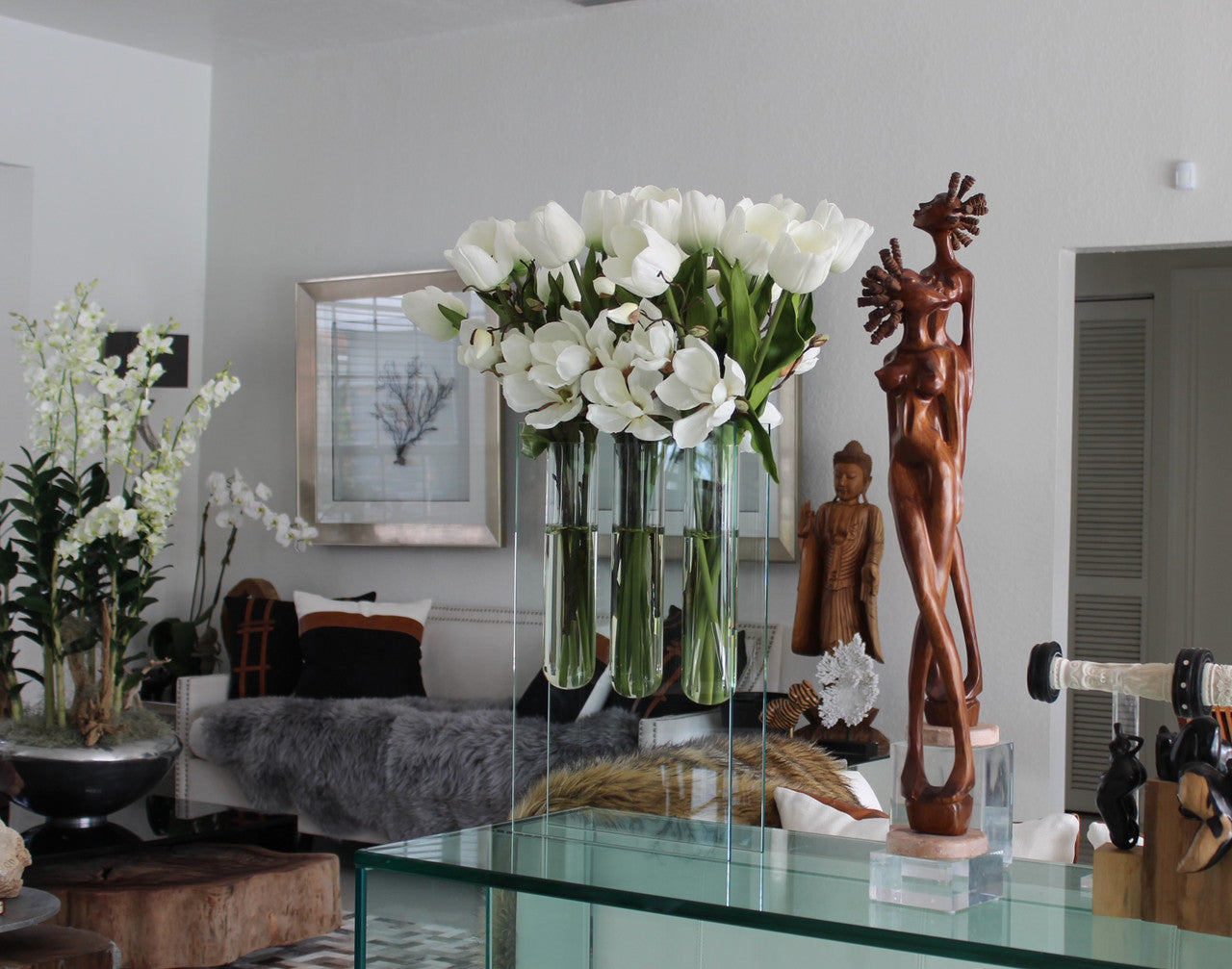 Triple bud vase with white tulips(Out of Stock)
