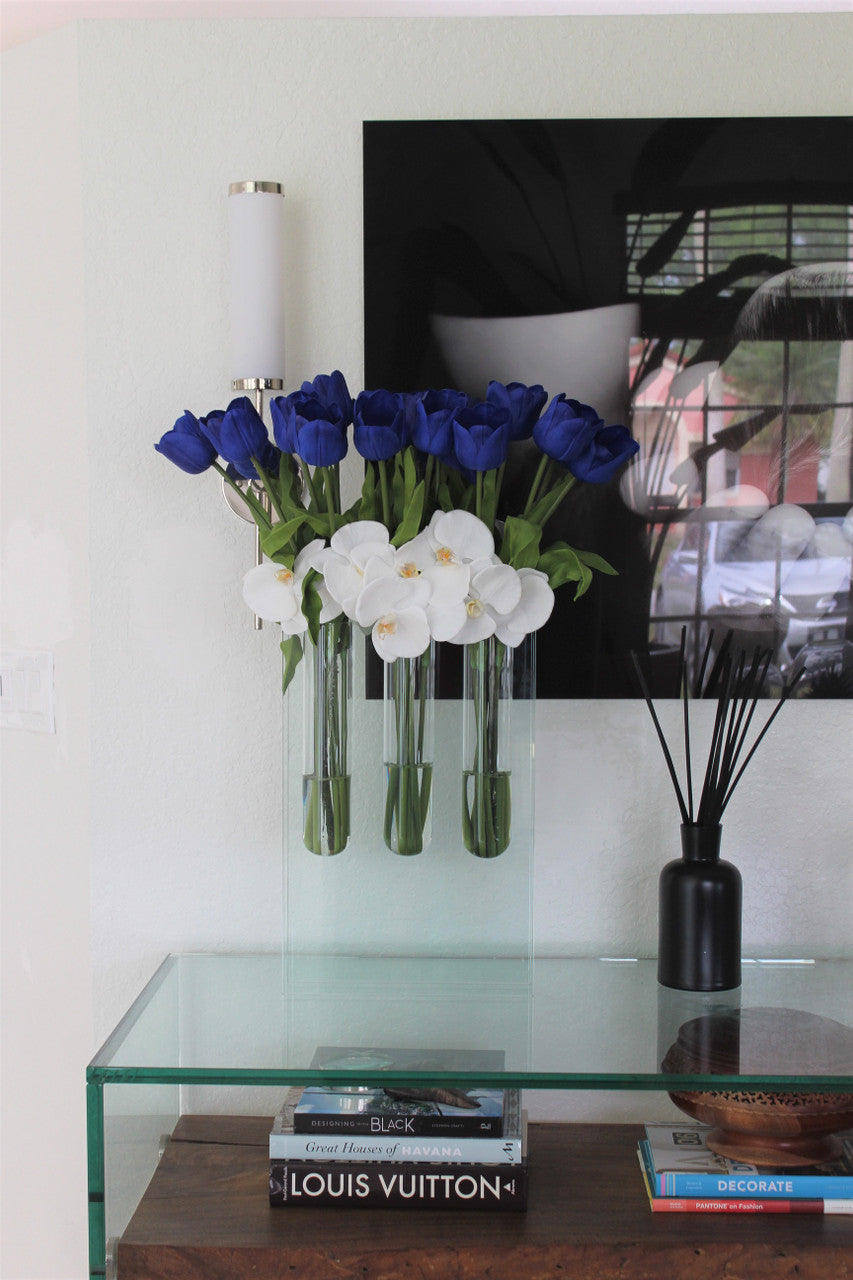 Triple bud vase with blue tulips(Out of Stock)