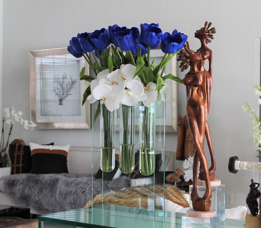 Triple bud vase with blue tulips(Out of Stock)