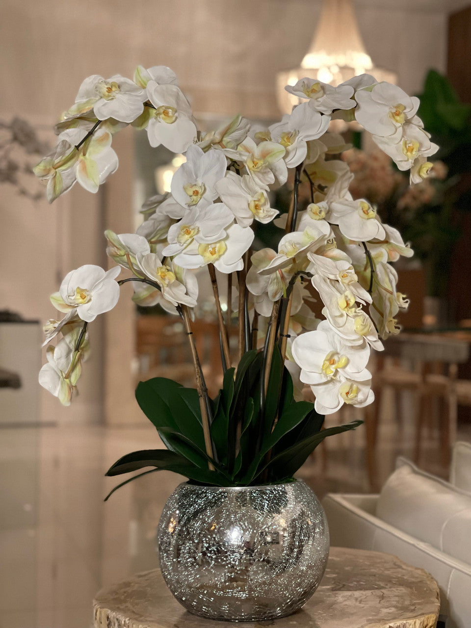 Orchidées dans un vase miroir craquelé