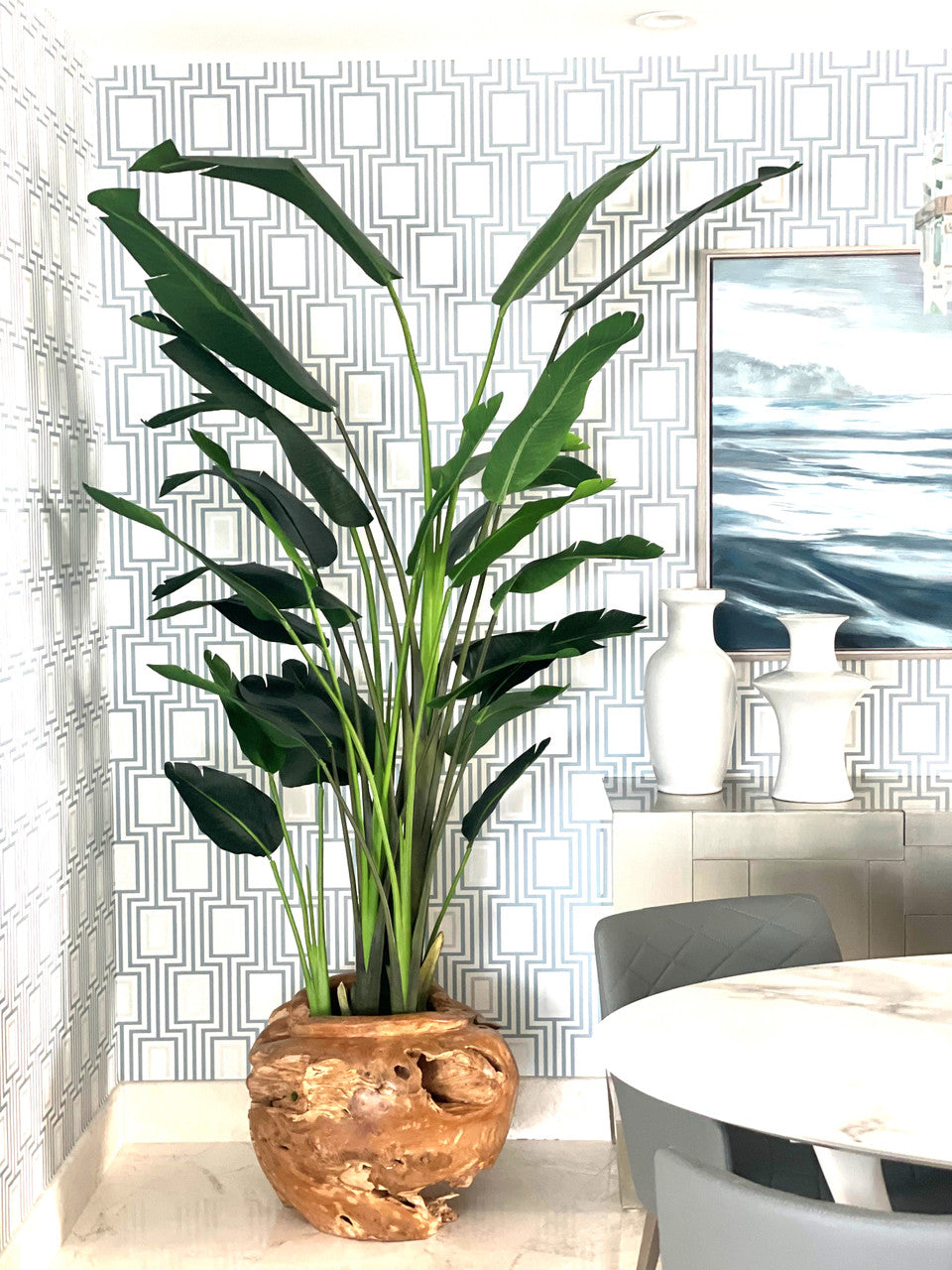 Large Teak Vessel  with Large Bird of Paradise