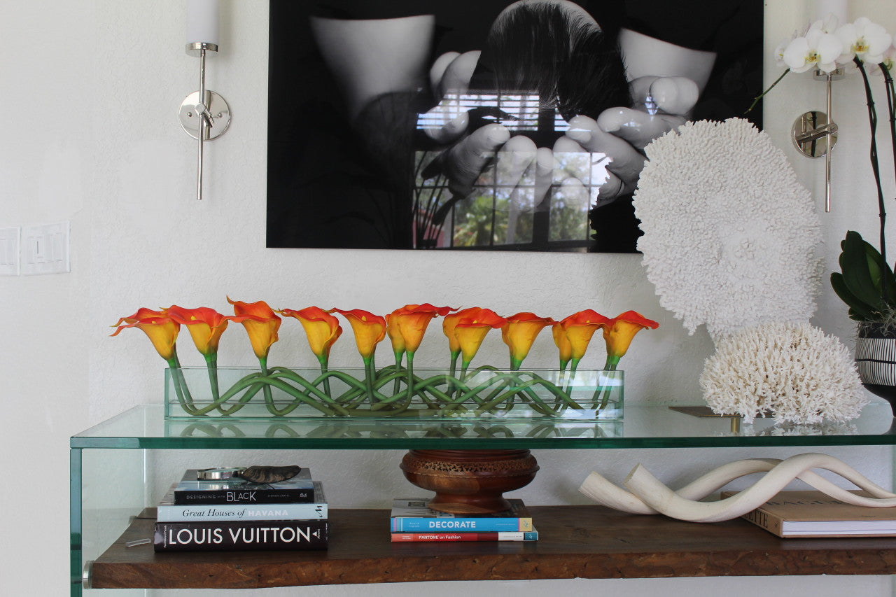 36″ Casa Moderna glass plate planter with mango callas