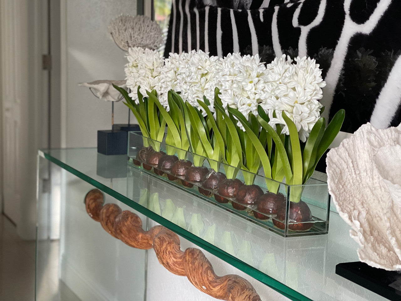 Jardinière Casa Moderna en verre de 36 po avec jacinthes blanches