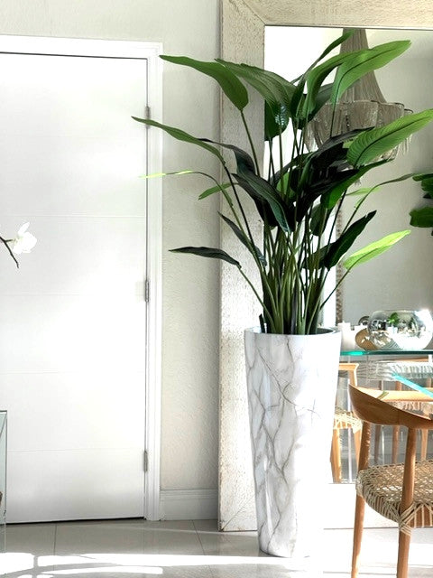 Faux Marble Planter with Bird of Paradise