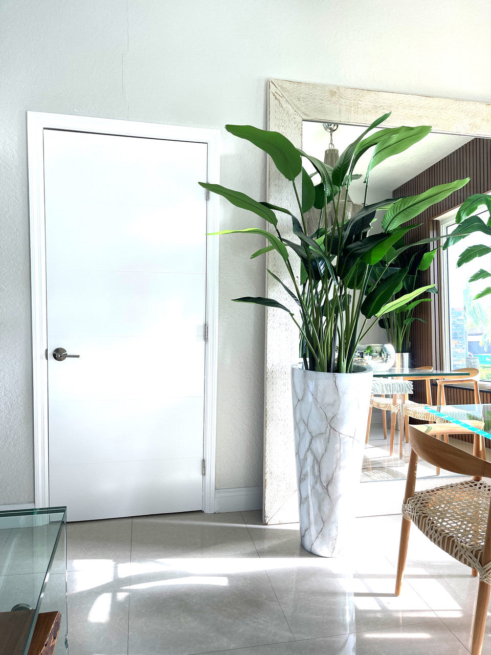 Faux Marble Planter with Bird of Paradise