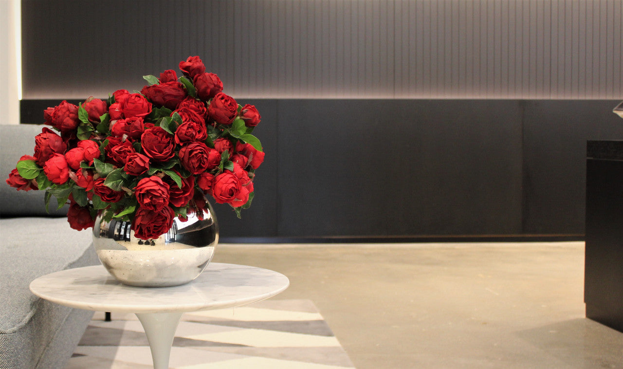 Red English Roses in Mercury Glass Bowl