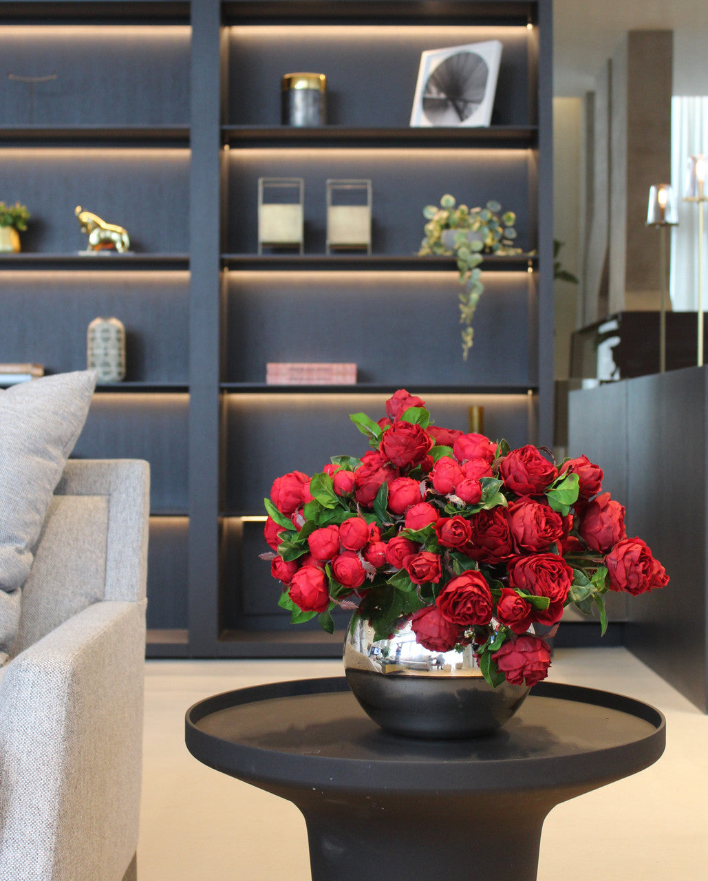 Red English Roses in Mercury Glass Bowl