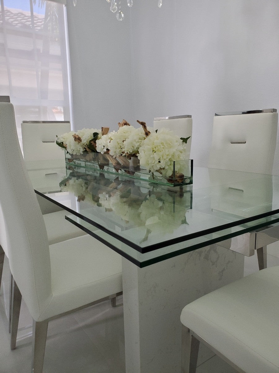 48″ Casa Moderna Glass Plate Planter with white Hydrangeas and Driftwood