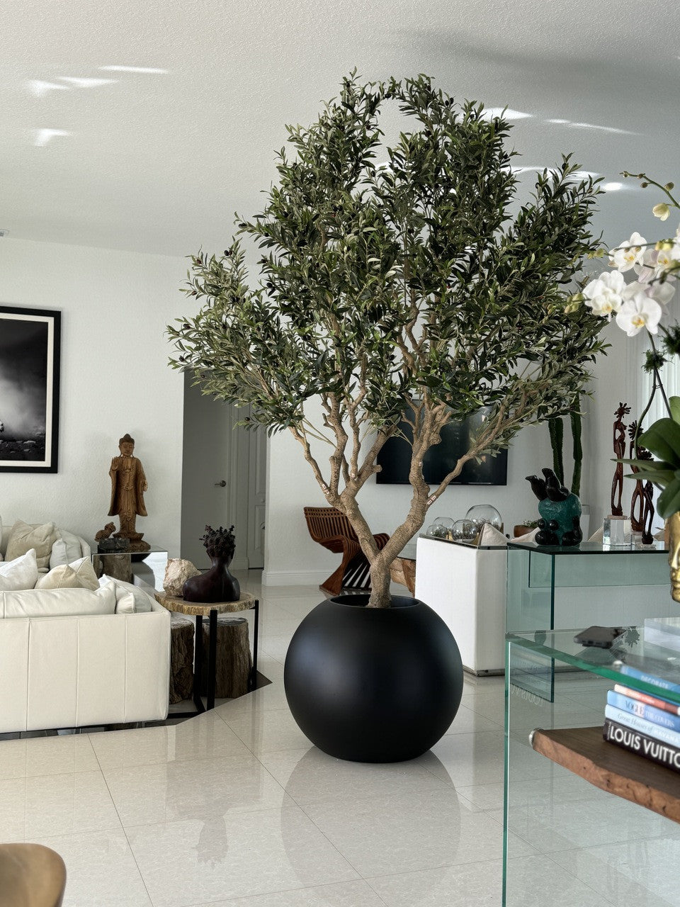 Olive Tree in Matte Black 30″ Globe Planter