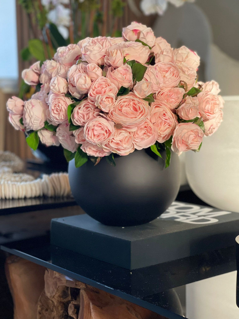 English Roses in Matte Black Fishbowl Vase