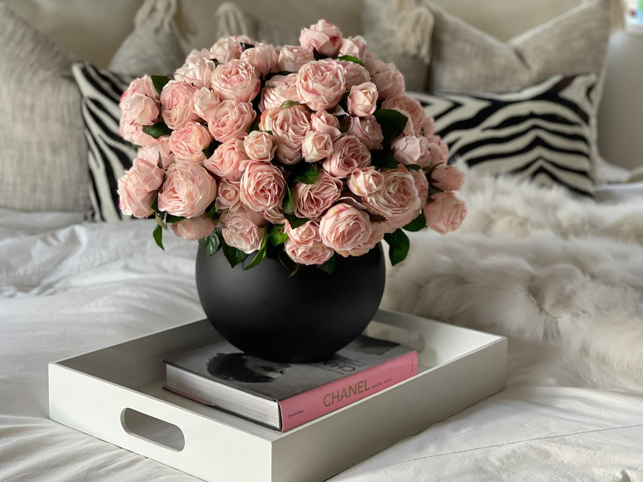 English Roses in Matte Black Fishbowl Vase