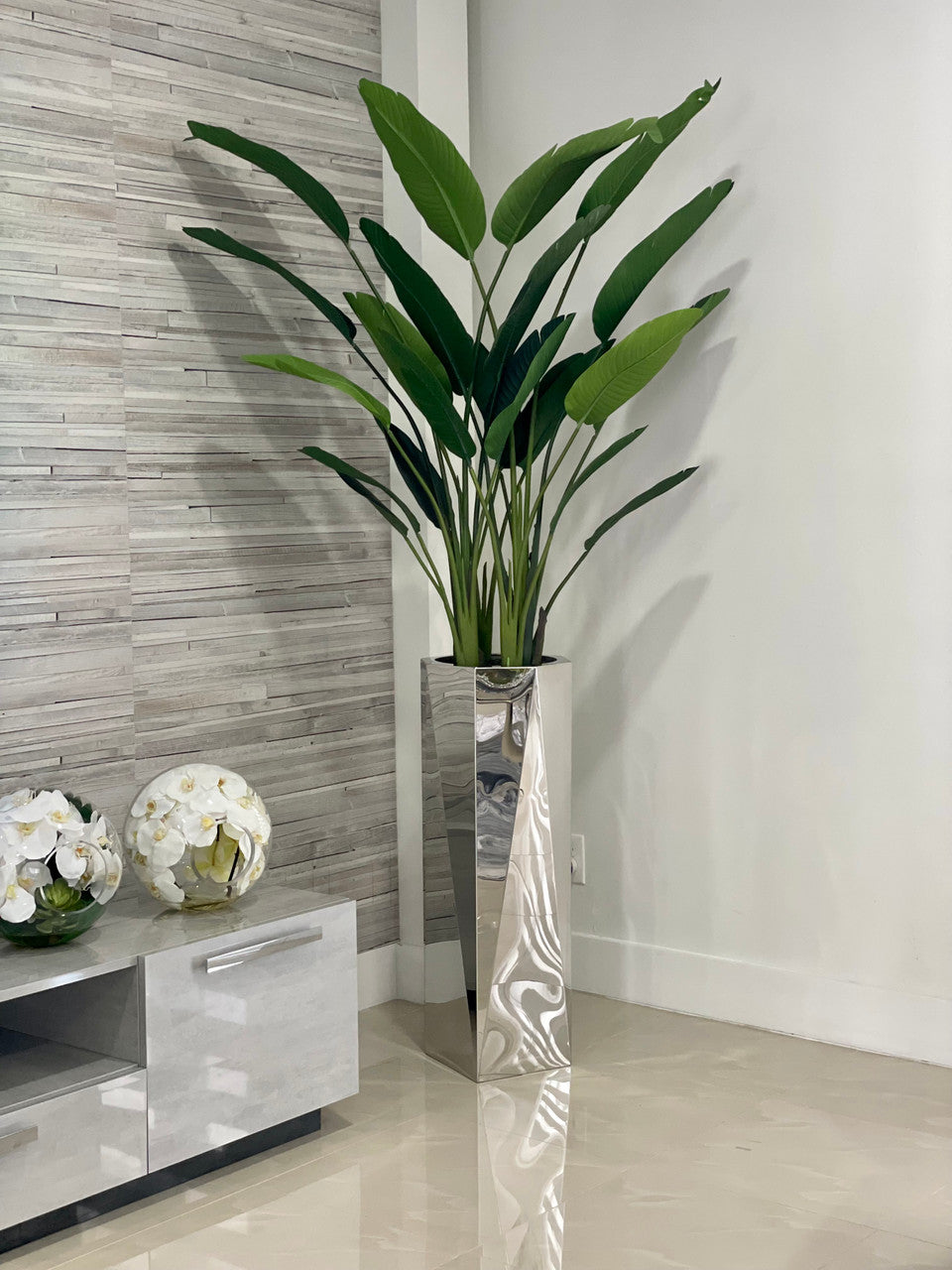 Stainless Prism Planter with Bird of Paradise (7′)(Out of Stock)