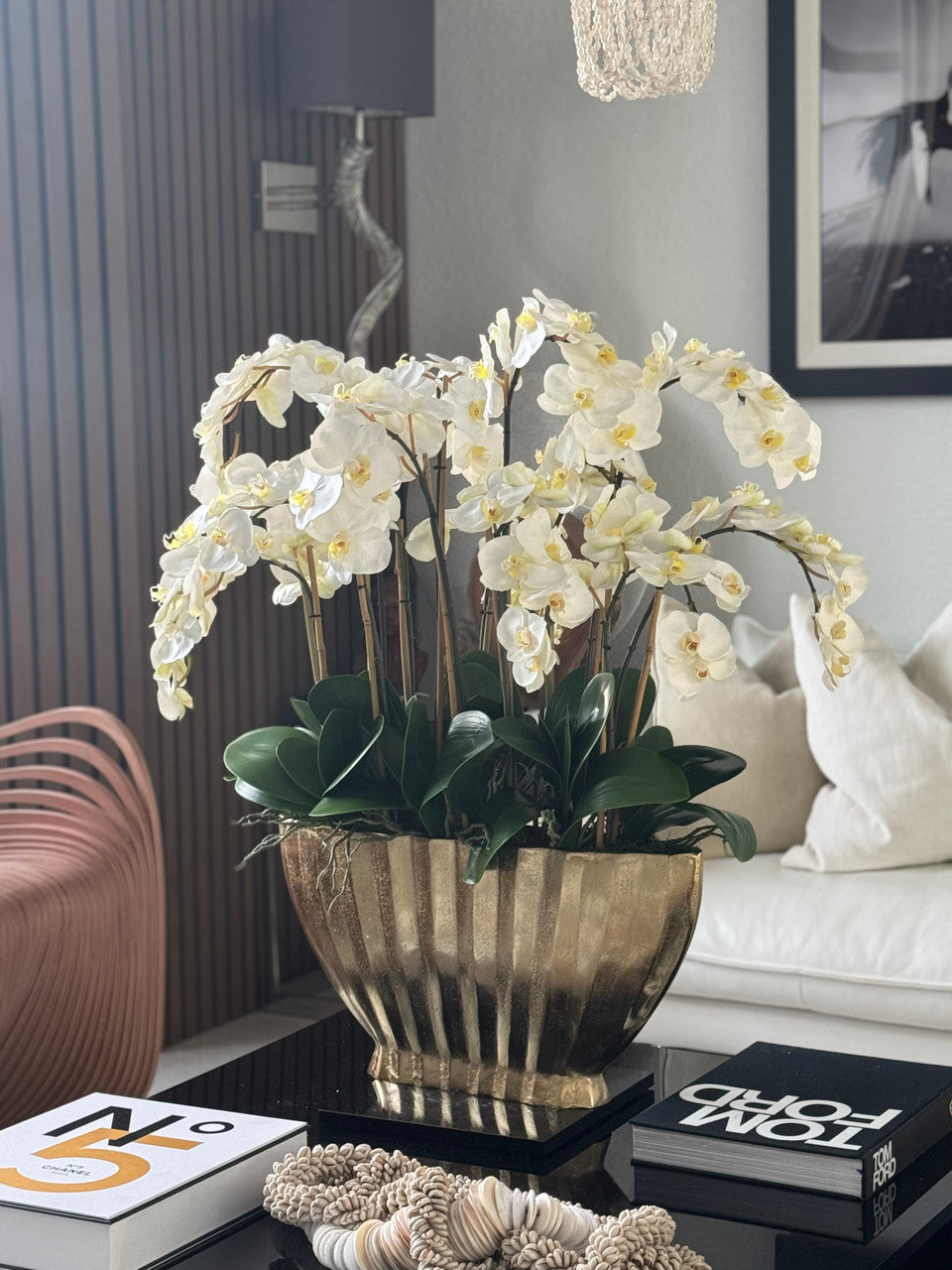 Vivien Gold Vase with White Phaleanopsis Orchids