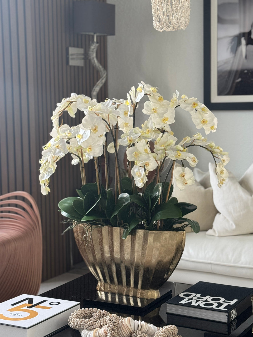Vivien Gold Vase with White Phaleanopsis Orchids