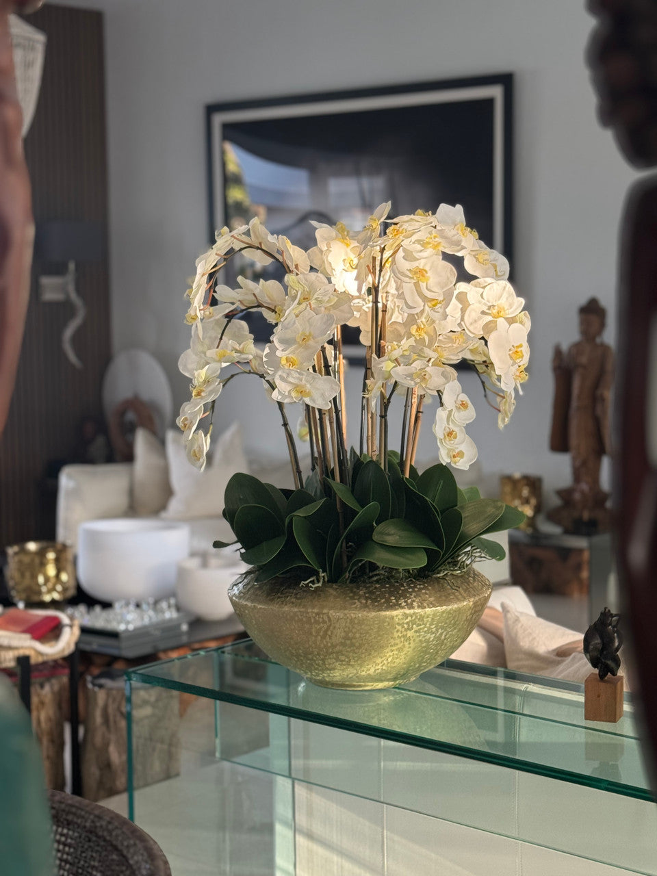 Blaze Bowl with White Phaleanopsis Orchids