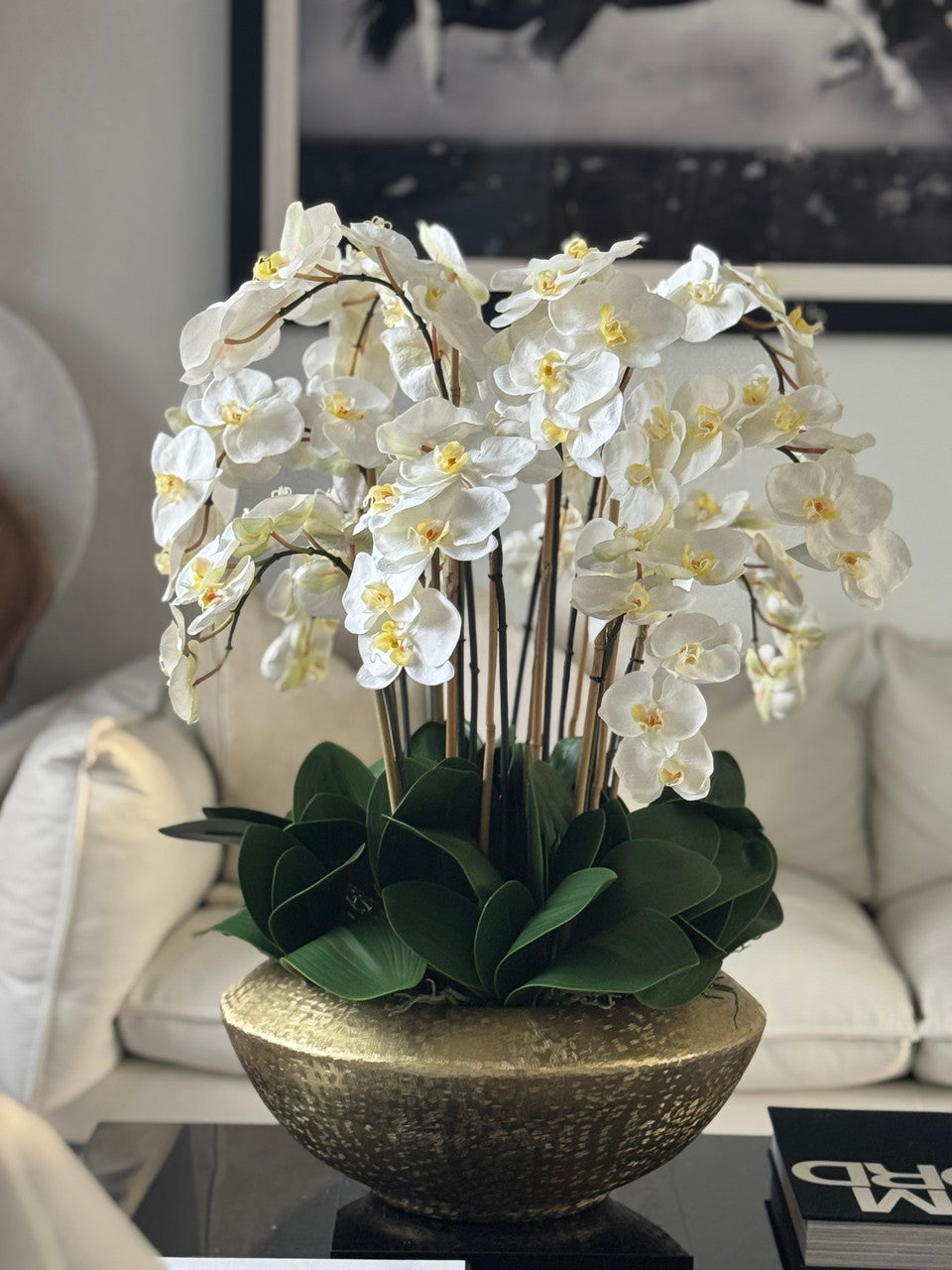 Blaze Bowl with White Phaleanopsis Orchids