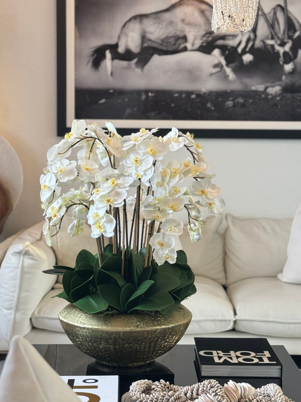 Blaze Bowl with White Phaleanopsis Orchids