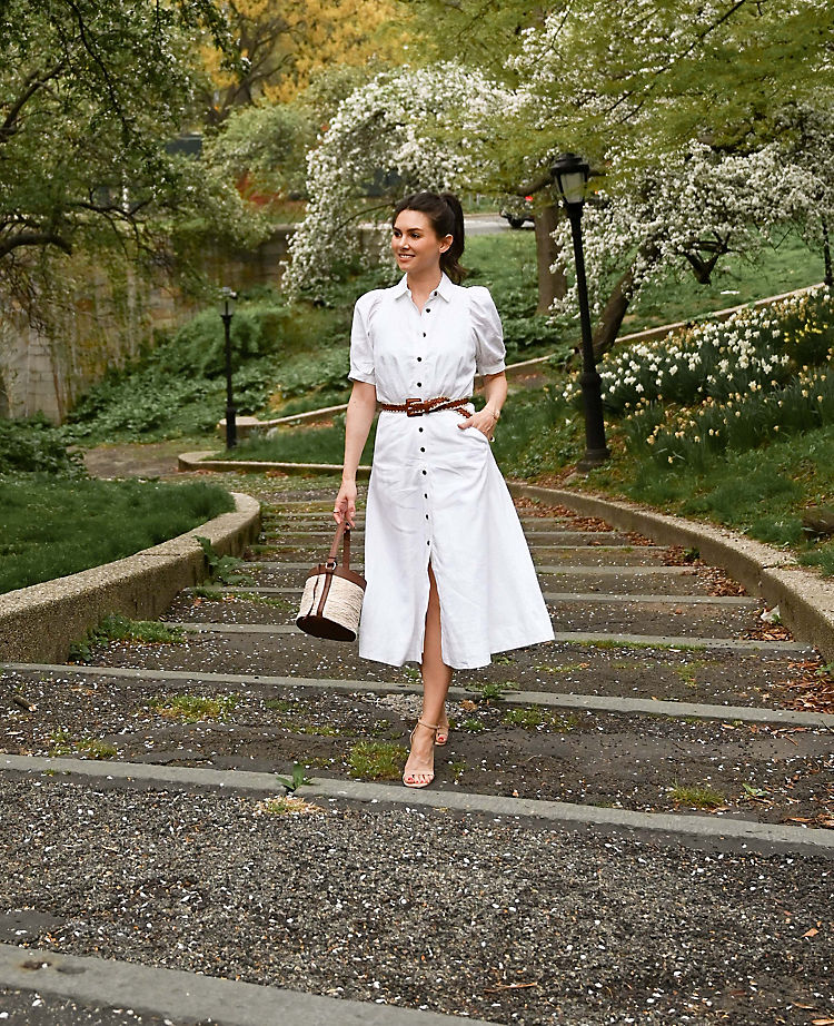 Leinenmischgewebe Puffärmel Hemdblusenkleid mit Taschen