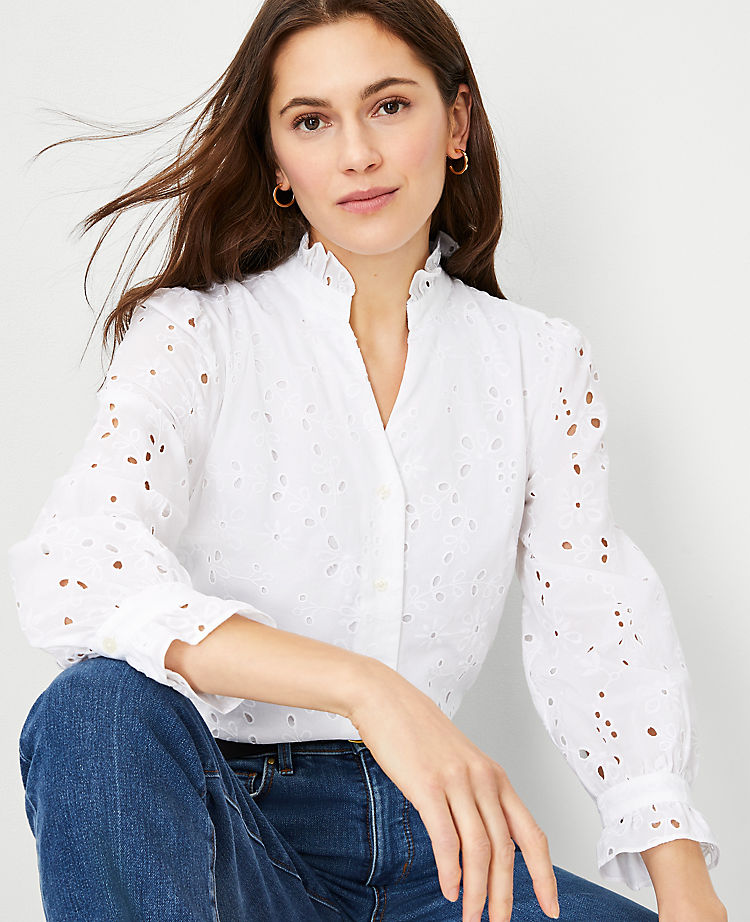 Eyelet Ruffle Button Top