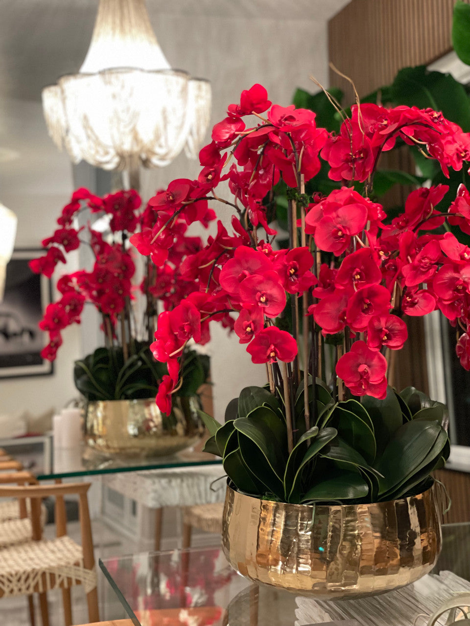 Composition florale d'orchidées Phalaenopsis rouges dans un grand pot doré